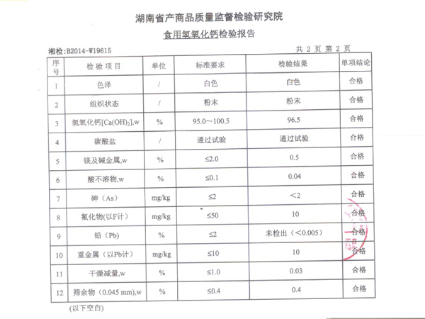 湖南省產商品質量監(jiān)督檢驗研究院食用氫氧化鈣檢驗報告